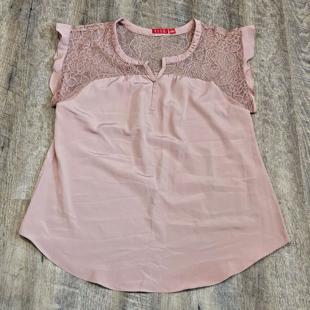 Elle Women's Rose V-Neck Lace Ruffled Sleeves Casual Pullover Size Large